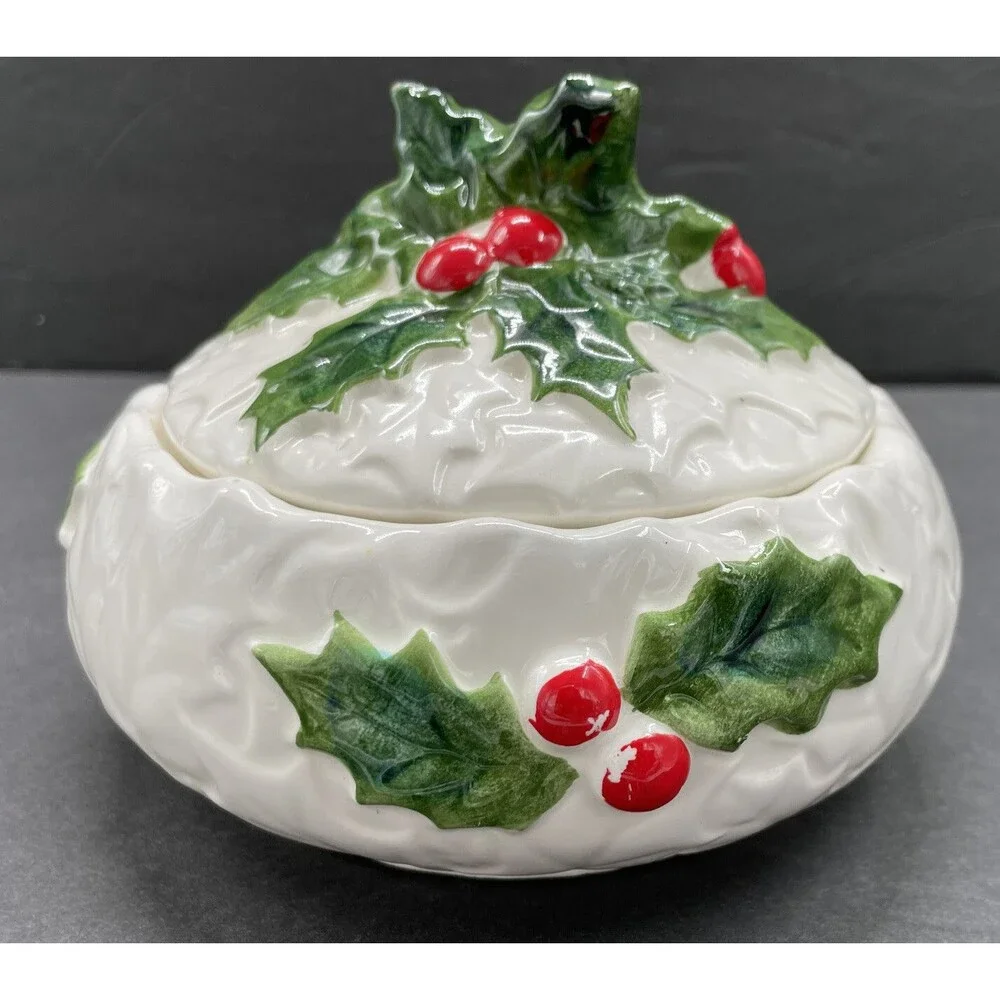 Lefton White Holly Small Round Lidded Box 6064 Covered Candy Bowl 1972/73 Japan